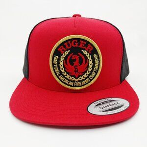 Ruger American Firearms Red And Black Yupoong Flat Bill Snap Back Hat Cap